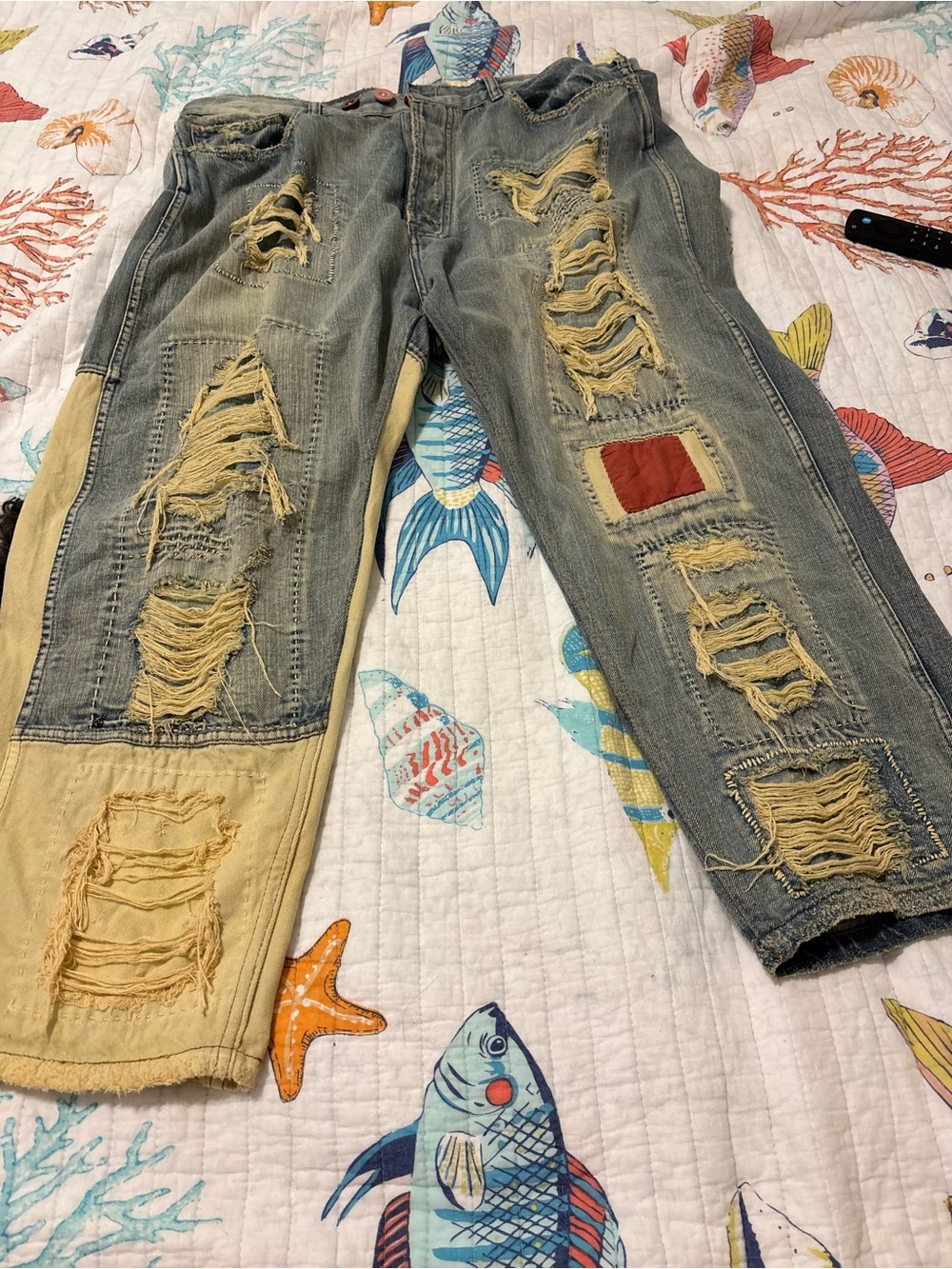Magnolia Pearl Distressed Two-Tone Boyfriend Jeans in Washed Blue and Beige
